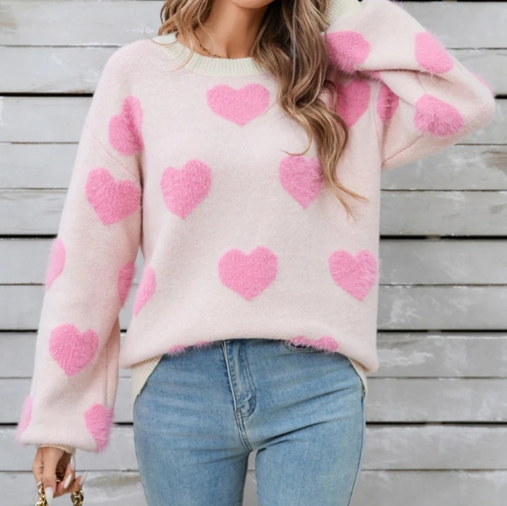 GILLI Ivory/Pink Heart Sweater